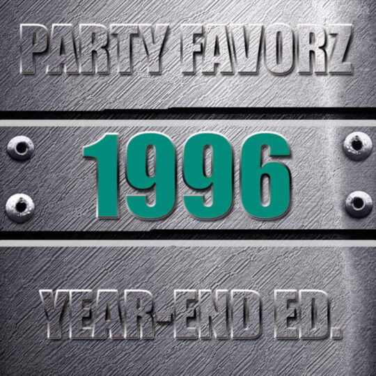 Coverart for the Top Dance Songs of 1996 with the biggest dance songs of the year against a steel background with bolts