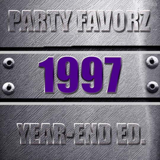 Coverart for the Top Dance Songs of 1997 with the biggest dance songs of the year against a steel background with bolts