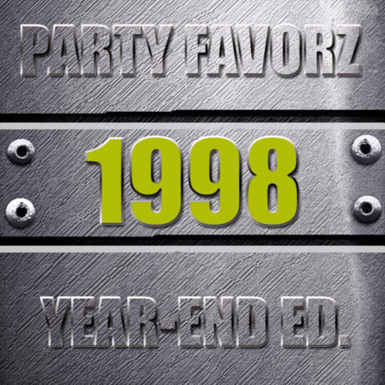 Coverart for the Top Dance Songs of 1998 with the biggest dance songs of the year against a steel background with bolts