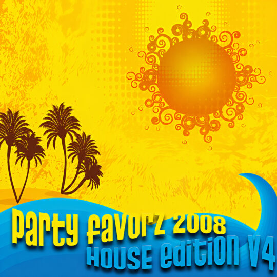 Bright tropical cover art with palm-tree silhouettes, an orange sun, blue waves, and “Party Favorz 2008 House Edition V4 Take 2” text.