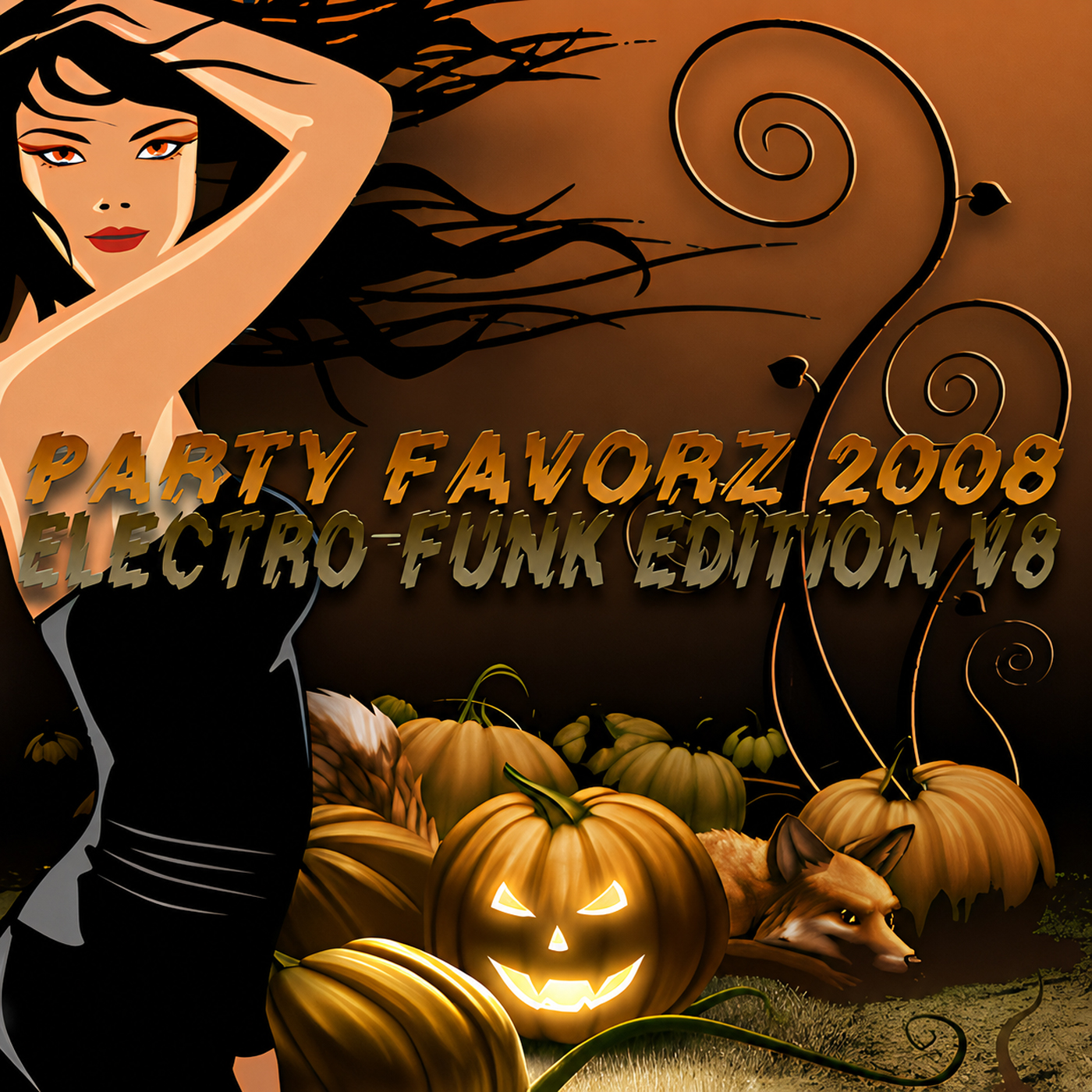 Halloween-themed cover art featuring a glamorous woman in black, glowing jack-o’-lanterns, pumpkins, and a fox beneath “Party Favorz 2008 Electro-Funk Edition V8” text.