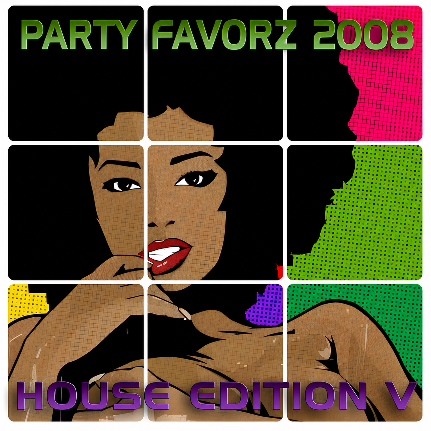 Pop-art cover featuring a stylized Black woman divided across colorful halftone panels with “Party Favorz 2008” and “House Edition V Take 2” text.