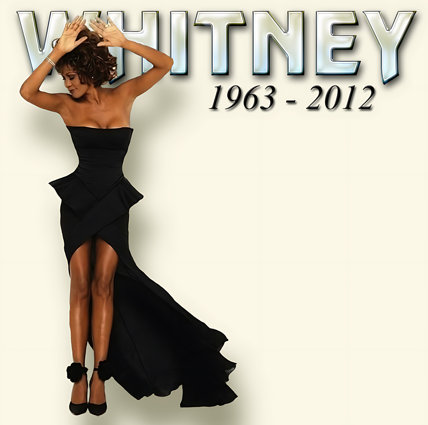 Whitney Houston tribute artwork featuring her in a black gown with raised arms beneath metallic “Whitney” lettering and the dates 1963–2012.