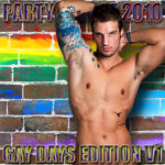 Shirtless man posed with arms behind his head, showing armpit hair, ear piercing and colorful arm and torso tattoos, standing against a graffiti brick wall painted in rainbow stripes with bold gold-and-purple text; artwork for the Party Favorz episode "Circuit & Anthems: Gay Days Edition 2010 Vol. 1.