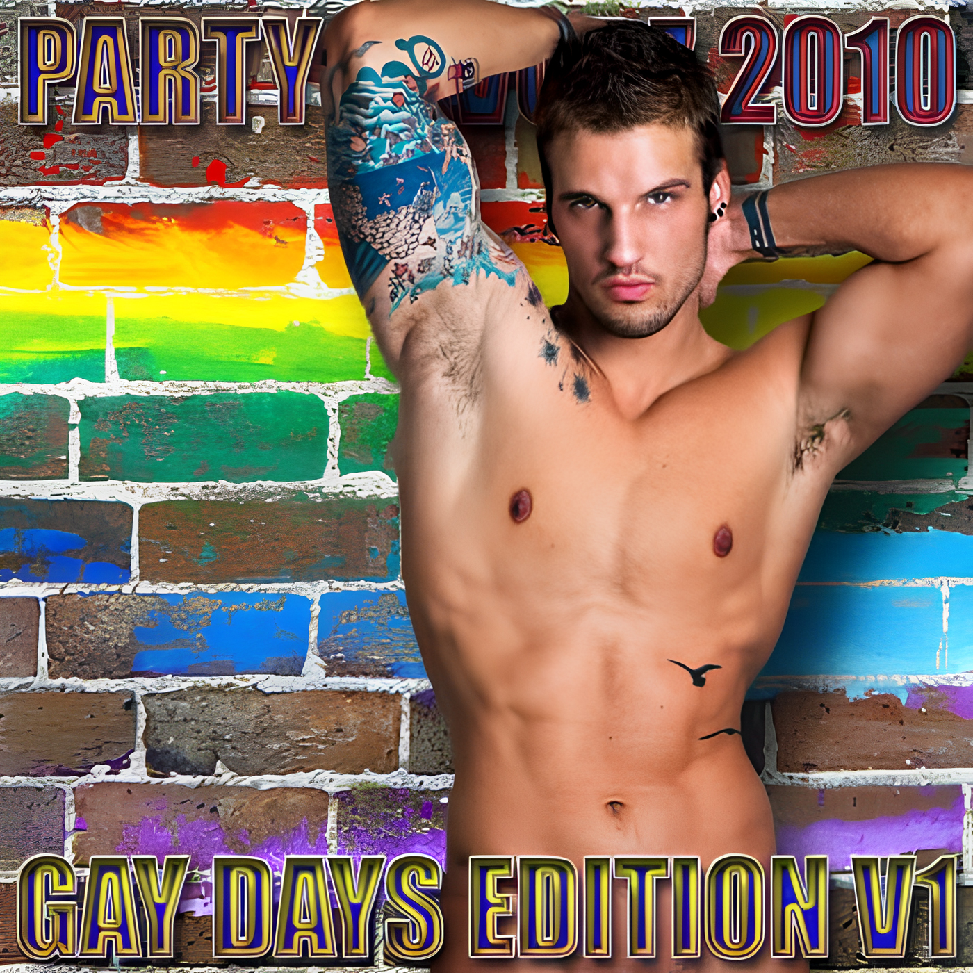 Shirtless man posed with arms behind his head, showing armpit hair, ear piercing and colorful arm and torso tattoos, standing against a graffiti brick wall painted in rainbow stripes with bold gold-and-purple text; artwork for the Party Favorz episode "Circuit & Anthems: Gay Days Edition 2010 Vol. 1.