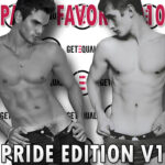 Two shirtless young men shown from waist up, facing each other and tugging at their low-rise pants, rendered in high-contrast black-and-white with pink and red logo accents and repeating circular “GET EQUAL” motifs behind them, bold white text along the bottom; artwork for the Party Favorz episode "Circuit & Anthems: Gay Pride Edition 2010 Volume 1.