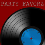 Large black vinyl record with visible grooves occupies most of the square against a deep red background, white uppercase 'PARTY FAVORZ' text across the top and a bright blue center label reading "90's House Classics V3"; artwork for the Party Favorz episode "90s House Classics Volume 3: Groove Is in the Heart (2010)".
