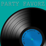 Teal background with large black vinyl record filling the right side, visible grooves and a bright blue center label that reads "90's House Classics V6," white uppercase "PARTY FAVORZ" title across the top, artwork for the Party Favorz episode "90s House Classics Vol. 6: Keep On Jumpin' (2010).