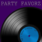 A large black vinyl record dominates the right side against a deep purple background, with concentric grooves and a bright blue center label reading '90's House Classics V7,' white serif text 'PARTY FAVORZ' across the top—artwork for the Party Favorz episode '90s House Classics Volume 7: Keep On Movin' (2010).