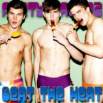 Beat To The Heat Volume 1 Three shirtless young men stand against a pale green backdrop wearing colorful swim briefs and eating multicolored popsicles, bold purple text partially visible along the top and large blue block letters reading “Beat The Heat” along the bottom; artwork for Party Favorz episode “Club Fusion Mix: Beat To The Heat Volume 1 (2011).”.