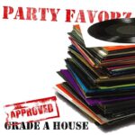 Bold red stenciled "PARTY FAVORZ" at the top on a white background, a tall tilted stack of vinyl records with varied colorful sleeves and a loose record at the top, and a distressed red "APPROVED" stamp overlapping black stenciled "GRADE A HOUSE"—artwork for the Party Favorz episode "Funky House Mix: Grade A House 2012 Vocal & Disco Cuts".