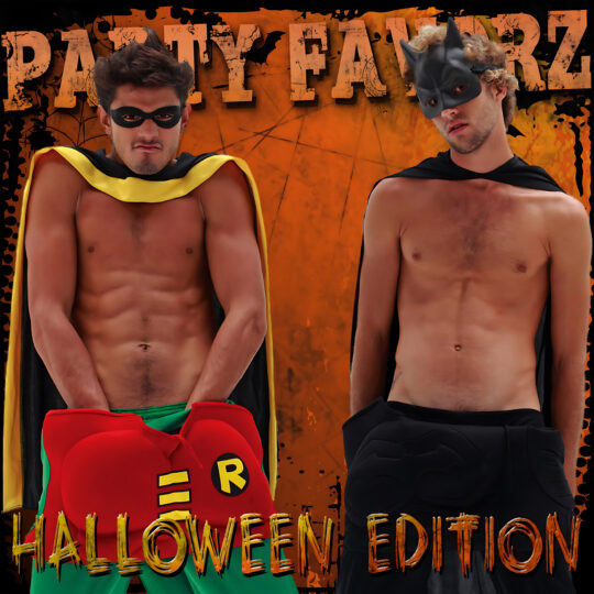Two shirtless men stand against a grungy orange background with distressed PARTY FAVORZ text behind them; one wears a black mask, yellow-lined cape and oversized red shorts with an R emblem, the other a bat-style mask, black cape and black shorts, artwork for Party Favorz episode Club Fusion: Halloween Edition 2012 (Electro House Mix).