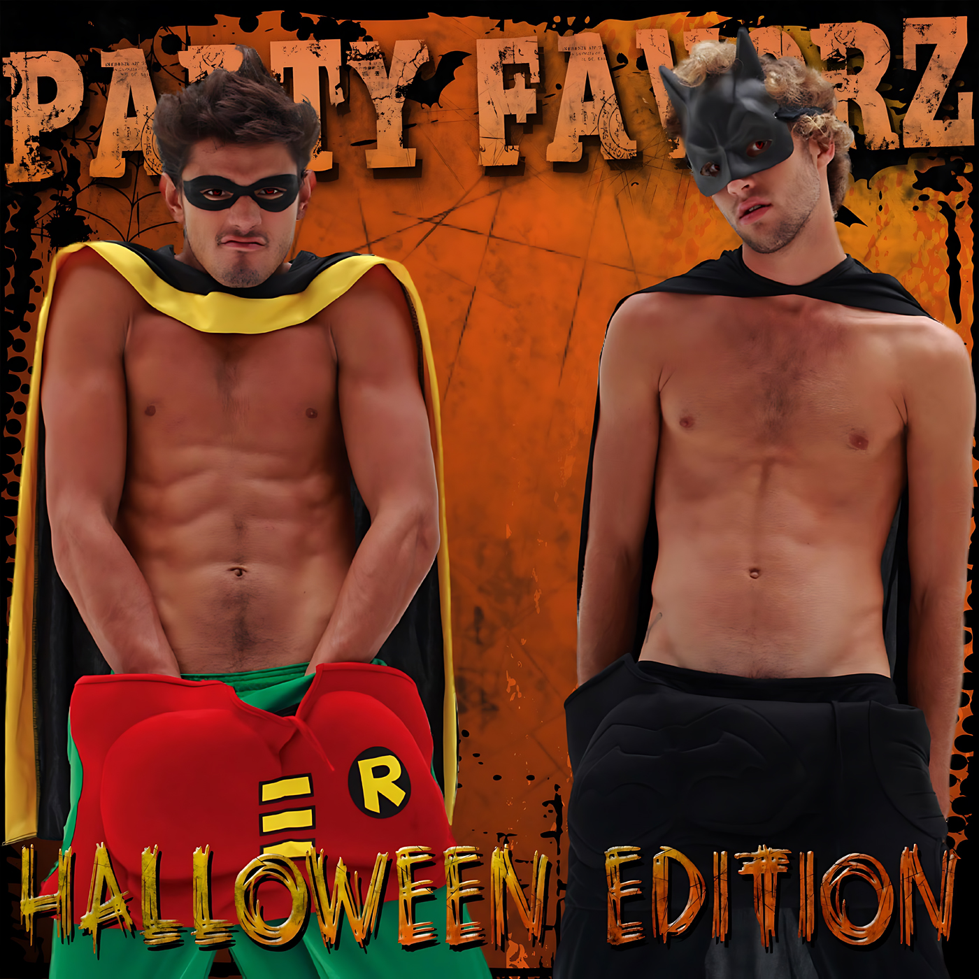 Two shirtless men stand against a grungy orange background with distressed PARTY FAVORZ text behind them; one wears a black mask, yellow-lined cape and oversized red shorts with an R emblem, the other a bat-style mask, black cape and black shorts, artwork for Party Favorz episode Club Fusion: Halloween Edition 2012 (Electro House Mix).