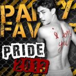 Gay PRIDE 2013 Volume 2 | EDM A high-contrast design shows a shirtless young man turned over his shoulder with "I love you!" scrawled in red on his back against a chain-link fence, layered with bold yellow, white and red typography reading PRIDE 2013 — artwork for the Party Favorz episode "EDM Pride 2013 Volume 2: Club Fusion Summer Mix".