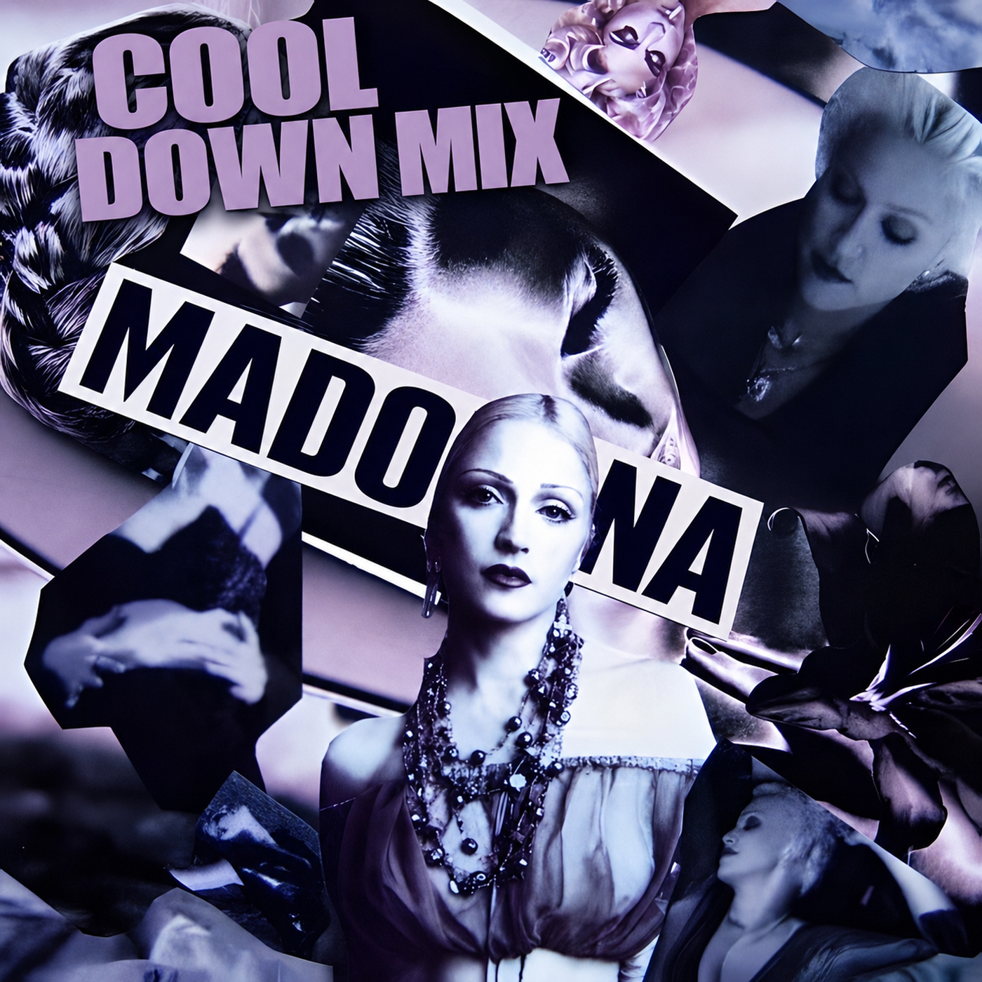 A high-contrast purple and silver collage centered on a posed blonde woman with layered necklaces and an off-shoulder top, surrounded by smaller repeated headshots, a filmstrip and large stylized text, with a visible www.partyfavorz.net watermark; artwork for the Party Favorz episode "Diva Hall of Fame: Madonna Cool Down Mix (2008).