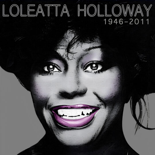 Diva Hall of Fame tribute graphic honoring disco icon Loleatta Holloway (1946–2011). The stylized black-and-white portrait features Holloway smiling with vibrant lavender lipstick against a light gray background. Her name appears across the top in sleek outlined lettering with her birth and death years, celebrating the legendary vocalist whose powerhouse voice shaped disco, house, and dance music history.