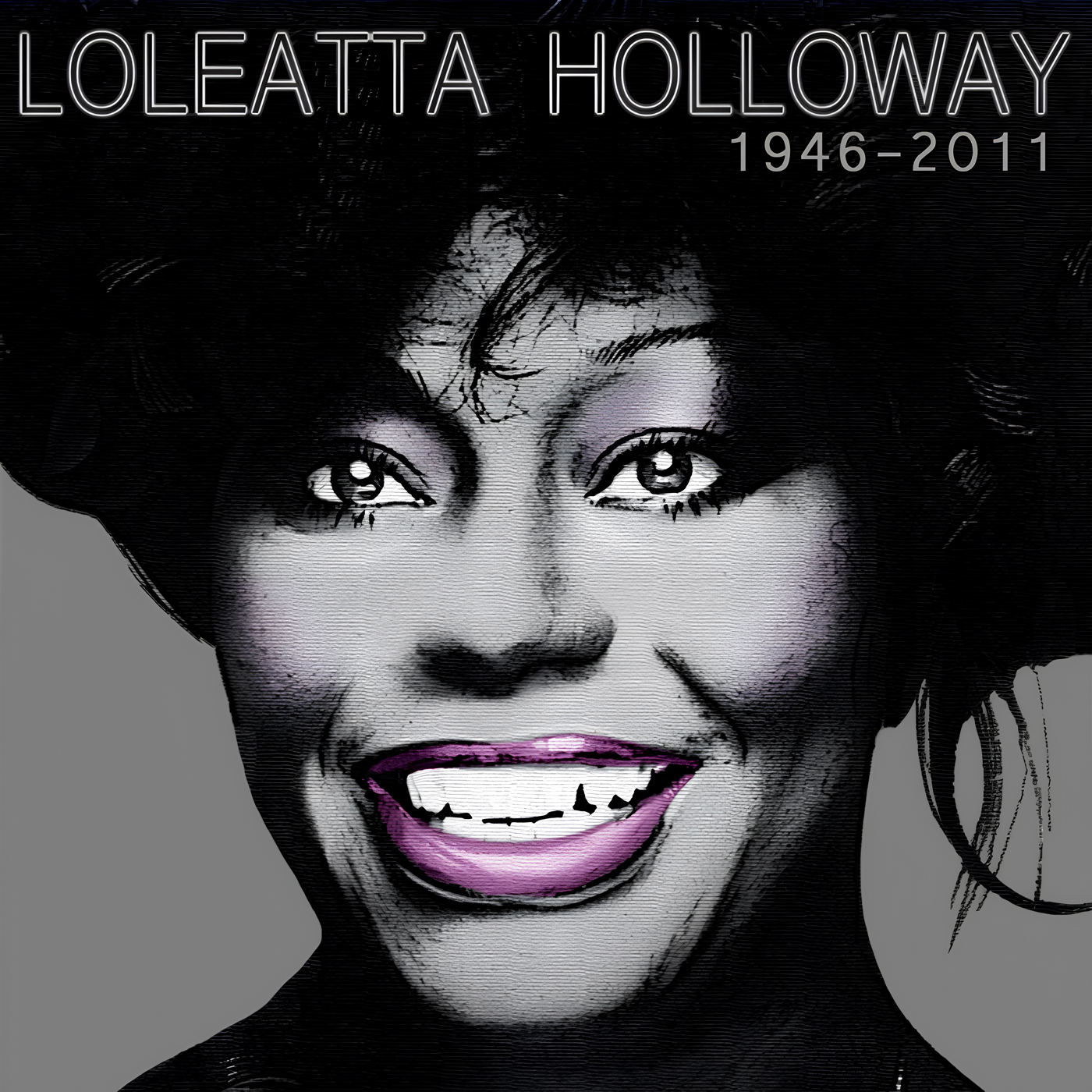 Diva Hall of Fame tribute graphic honoring disco icon Loleatta Holloway (1946–2011). The stylized black-and-white portrait features Holloway smiling with vibrant lavender lipstick against a light gray background. Her name appears across the top in sleek outlined lettering with her birth and death years, celebrating the legendary vocalist whose powerhouse voice shaped disco, house, and dance music history.