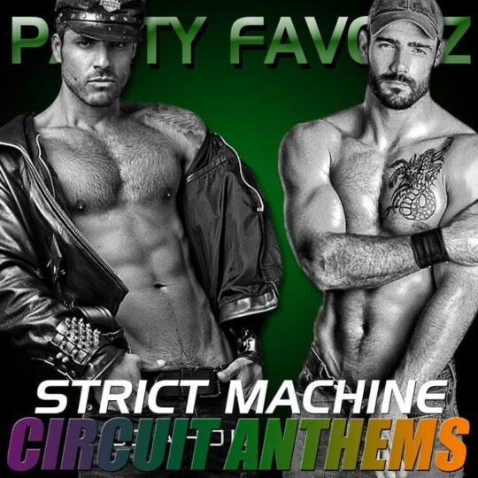 Hot shirtless leaterman bears one with leather jacket unzipped for the cover art of Strict Machine featuring Gay Circuit & Anthem Classics
