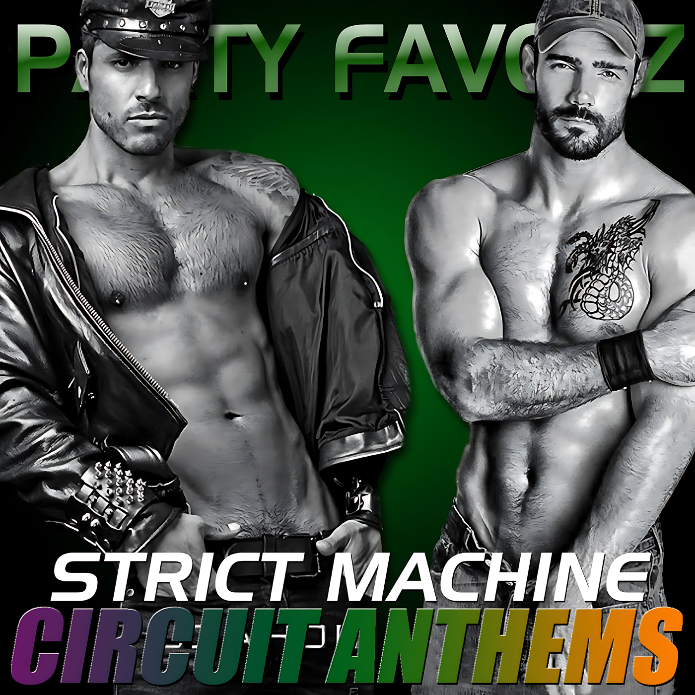 Cover art for *Strict Machine: Circuit Anthems* featuring two shirtless men in black and white against a green background.
