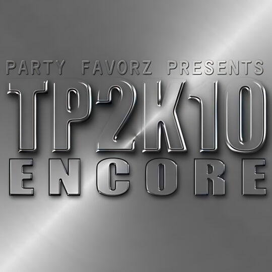 Brushed metallic silver background with concentric radial highlights and embossed chrome lettering reading 'PARTY FAVORZ PRESENTS' at the top, dominant large chrome 'TP2K10' centered and 'ENCORE' below, overall monochrome steel look; artwork for the Party Favorz episode Legacy Dance Tribute: Thunderpuss Volume 1 (2014).