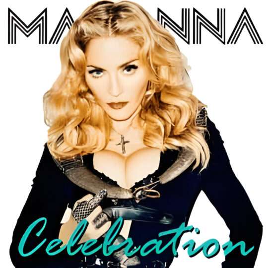 Party Favorz 2015 Madonna Birthday Celebration artwork featuring Madonna in black with blonde waves, a cross necklace and turquoise “Celebration” script.