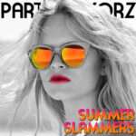 Summer Slammers Volume 1 A black-and-white close-up portrait of a young woman with windblown hair wearing reflective orange-red sunglasses and bright pink lipstick, centered against a pale background with bold orange-pink “SUMMER SLAMMERS” text at lower right, artwork for the Party Favorz episode "EDM Club Fusion: Summer Slammers Volume 1 (2016)".