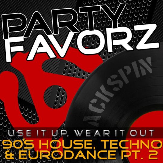 90s Techno and Eurodance coverate with a 45 rpm spindle and vinyl record in red