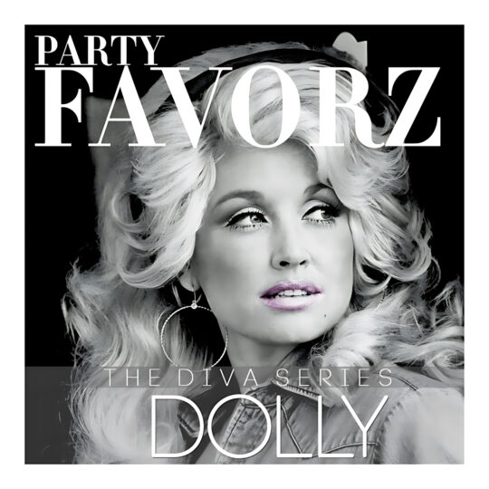 Black-and-white portrait of Dolly Parton with soft pink lips, featured in Party Favorz artwork for The Diva Series Dolly dance tribute.