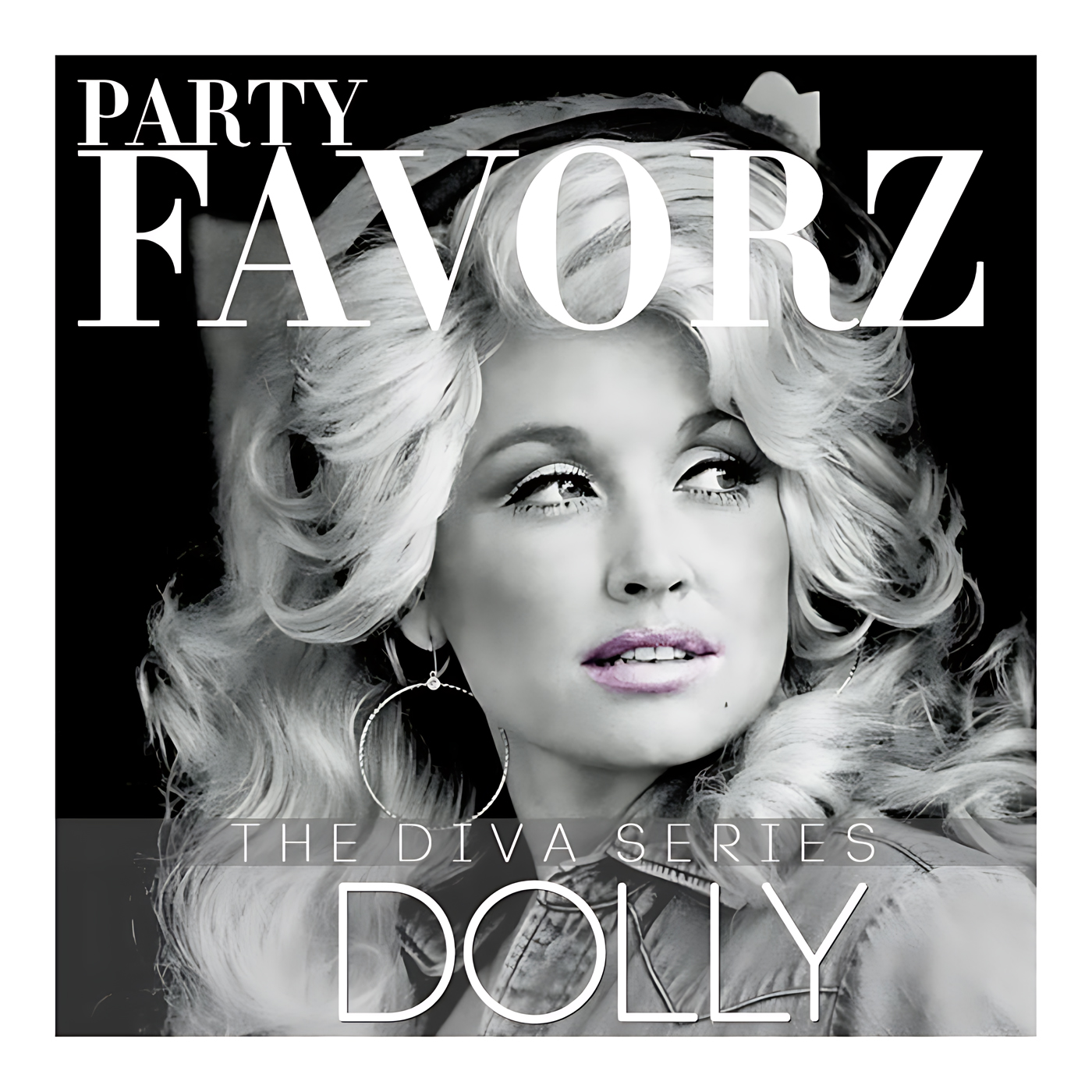 Black-and-white portrait of Dolly Parton with soft pink lips, featured in Party Favorz artwork for The Diva Series Dolly dance tribute.