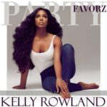A seated woman with long wavy dark hair wears a white tank top and dark jeans, posed barefoot against a soft gray background beneath large pale 'PARTY' letters and additional text; artwork for the Party Favorz episode "Dance Diva Hall of Fame: Kelly Rowland (2018) Club & Circuit Mixes".