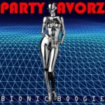 A chrome, humanoid robot with a feminine form stands center, hands at her hips and legs crossed, set against a blue neon wireframe grid receding to a dark horizon, bold red “PARTY FAVORZ” at top and white “BIONIC BOOGIE” at bottom; artwork for the Party Favorz episode “Funky House 2018: Bionic Boogie, Nu Disco & Soulful House.”.