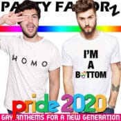 two twinks with t-shirts that read 'homo' and 'im a bottom'