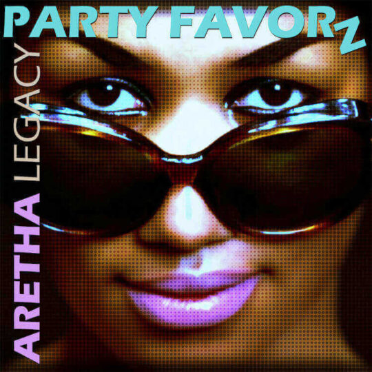 Close-up of Aretha Franklin wearing sunglasses just below the eyes for the cover art of Legacy