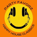 Bright orange background with a centered yellow circle as a smiley whose eyes are black headphone earcups and whose curved mouth is a black headphone band with metal hinges, text 'PARTY FAVORZ' arched above and 'HAPPY HOUSE CLASSICS' below, artwork for Party Favorz episode '00s Dance Classics: Happy House Classics from the Millennium Vol. 4'.