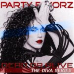 Dead or Alive: An 80s Icon's Legacy in Dance Music and Beyond — The Diva Series A high-contrast black-and-white portrait of a curly-haired woman with one hand across her forehead, bright red lips and a translucent blue bar across her eyes, graphic red titles at top and bottom and ribbon-like striped sleeves, artwork for the Party Favorz episode 'Hi-NRG Diva Hall of Fame: Dead or Alive (2018)'.