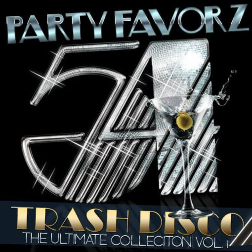 Studio 54 logo with a martini for the cover art of Ultimate Trash Disco Classics Volume 1 in silver