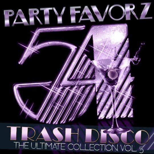 Studio 54 logo with a martini for the cover art of Ultimate Trash Disco Classics Volume 4 in purple.