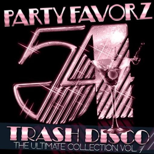 Studio 54 logo with a martini for the cover art of Ultimate Trash Disco Classics Volume 7 in pink.