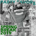 A black-and-white image shows a person from behind with hands atop their head, wearing a cropped denim jacket patched 'Babes Against Bullshit' and bikini bottoms against a textured collage background with teal 'PARTY FAVORZ' and green 'SPRING BREAK 2019' text — artwork for Party Favorz episode 'Club Fusion Spring Break 2019 Volume 2: House & EDM'.