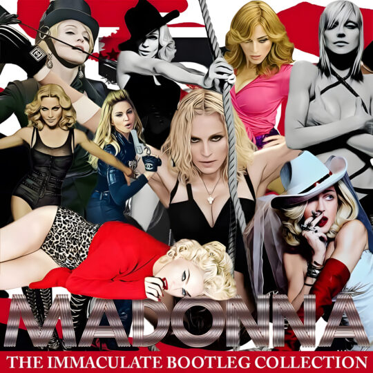 Madonna The Immaculate Bootleg Collection Volume 3 artwork by Party Favorz featuring a collage of iconic Madonna looks from the millennium against a bold red, black and white background.