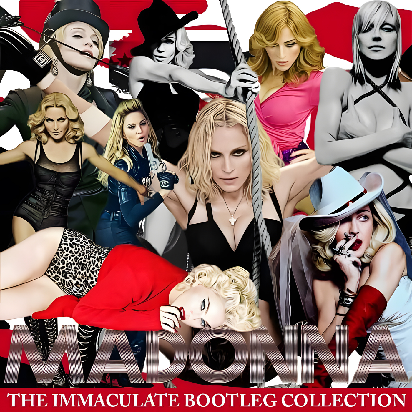 Madonna The Immaculate Bootleg Collection Volume 3 artwork by Party Favorz featuring a collage of iconic Madonna looks from the millennium against a bold red, black and white background.