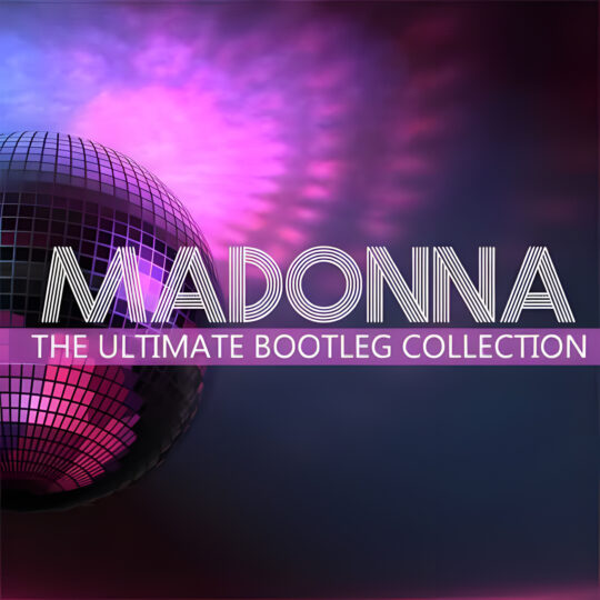 Party Favorz presents Madonna: The Ultimate Bootleg Collection, with mirrored disco balls, purple and pink lighting, and bold retro typography.