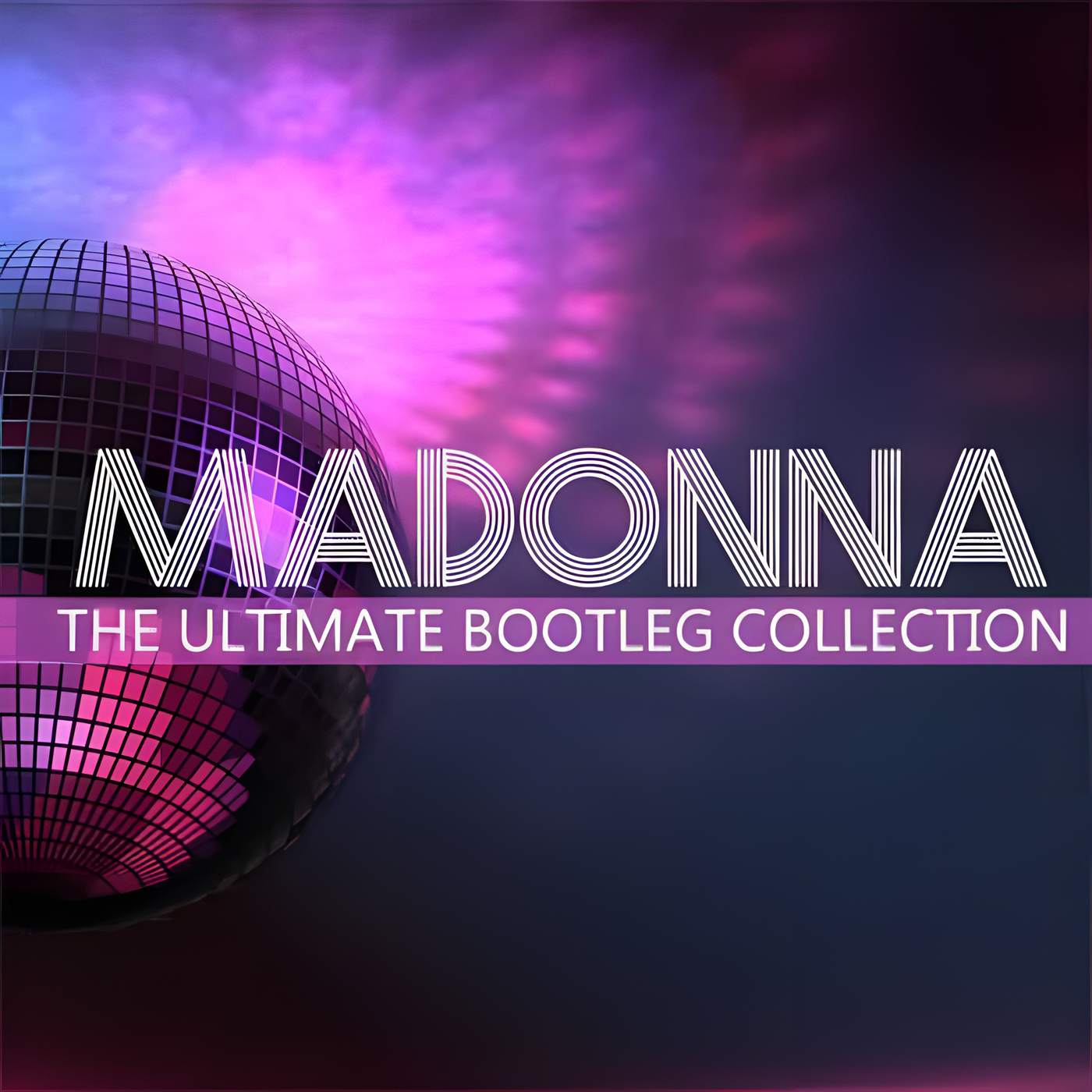 Party Favorz presents Madonna: The Ultimate Bootleg Collection, with mirrored disco balls, purple and pink lighting, and bold retro typography.