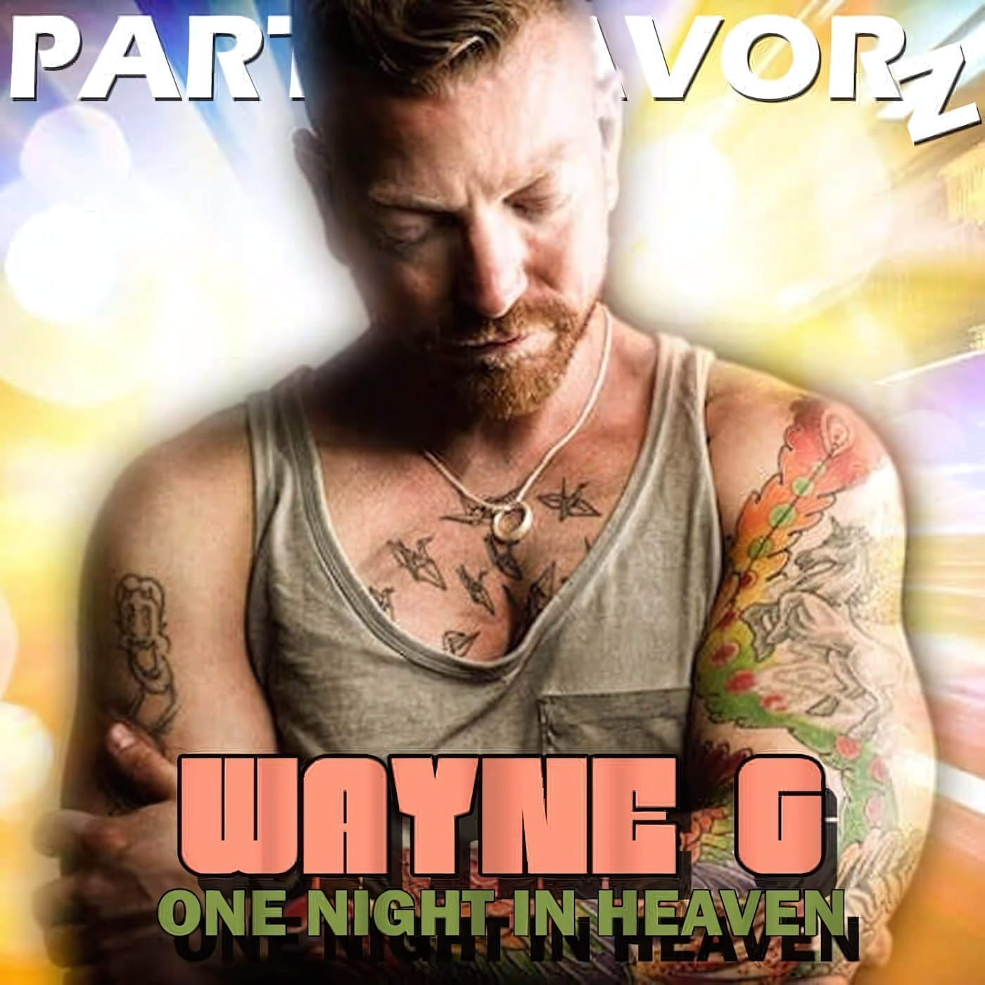 A bearded Wayne G in a gray tank top stands with arms crossed and head bowed, showing colorful tattoos on both arms and chest against warm yellow and purple radial light; large block text reads “WAYNE G” and “ONE NIGHT IN HEAVEN,” artwork for the Party Favorz episode “Legacy Dance Tribute: Wayne G One Night in Heaven (2019).”.