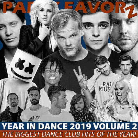 The cover art for the Top Dance Club Songs of 2019 features a collage of the year's biggest dance club artists including Avicii, Marshmello and Ellie Goulding amongst others.