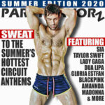 Summer Edition 2020 | SWEAT To the Hottest Circuit Anthems A wet, shirtless man with hands behind his head and blue short shorts fills the center against a white background, flanked by bold black and red headlines and a blue top banner reading "SUMMER EDITION 2020"—artwork for the Party Favorz episode "Circuit Anthems: Summer Edition 2020 Tribal & House Workout Mix".