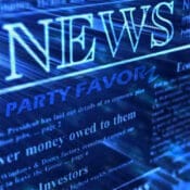 Neon blue background featuring assorted news stories and Party Favorz as the headline for the cover art of the Party Favorz News category. 