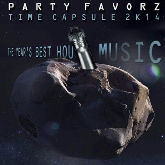 The cover art for the Top Dance Songs of 2014 Volume 4 with a Time Capsule lodged into an asteroid in space.