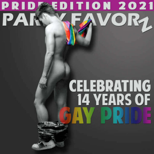 naked guy with jeans to his legs in sneaker with rainbow flag draped over shoulders