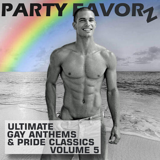 shirtless hunk on beach with jeans unbottoned and rainbow in the background for the cover art of Ultimate Gay Anthems & Pride Classics Volume 5
